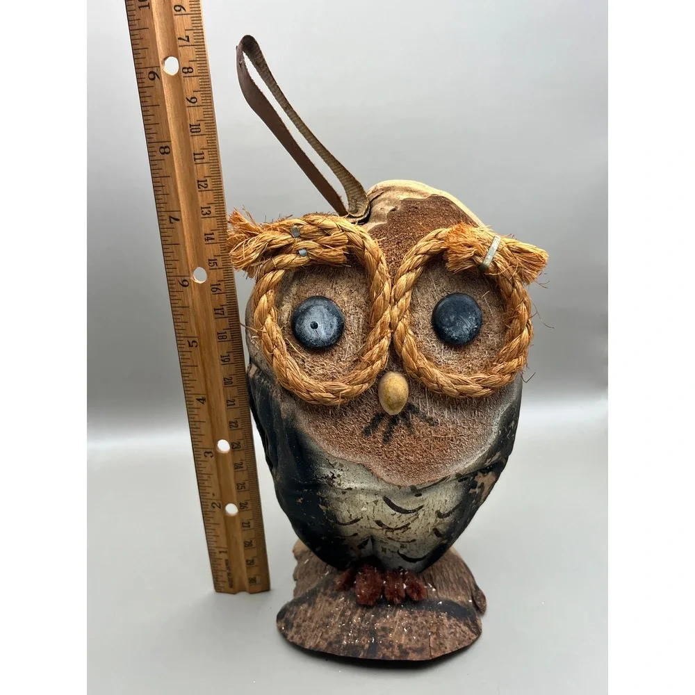 Handmade Coconut Shell Owl Figure Rustic Folk Art Carved Bird Decor 8
